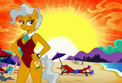 Size: 1216x832 | Tagged: safe, imported from twibooru, mayor mare, anthro, earth pony, ai content, ai generated, baywatch, beach, breasts, busty mayor mare, chair, clothes, flirting, generator:stable diffusion, hand on hip, lawn chair, needs more jpeg, one-piece swimsuit, seductive pose, sexy, smiling, solo, standing, sunbathing, sunset, swimsuit, umbrella