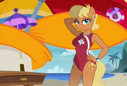 Size: 1216x832 | Tagged: safe, imported from twibooru, ms. harshwhinny, anthro, earth pony, ai content, ai generated, arm behind head, baywatch, beach, breasts, busty ms. harshwhinny, clothes, flirting, generator:stable diffusion, hand on hip, needs more jpeg, one-piece swimsuit, palm tree, seductive pose, sexy, smiling, solo, standing, sunbathing, swimsuit, tree, umbrella