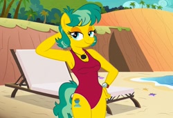 Size: 1216x832 | Tagged: safe, imported from twibooru, chickadee, ms. peachbottom, anthro, earth pony, ai content, ai generated, arm behind head, baywatch, beach, breasts, busty ms. peachbottom, chair, cliff, clothes, flirting, generator:stable diffusion, hand on hip, lawn chair, needs more jpeg, one-piece swimsuit, seductive pose, sexy, smiling, solo, standing, sunbathing, swimsuit, umbrella