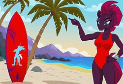 Size: 1216x832 | Tagged: safe, imported from twibooru, tempest shadow, anthro, unicorn, ai content, ai generated, baywatch, beach, breasts, busty tempest shadow, clothes, flirting, generator:stable diffusion, hand on hip, mountain, needs more jpeg, one-piece swimsuit, palm tree, seductive pose, sexy, smiling, solo, standing, sunbathing, surfboard, swimsuit, tree