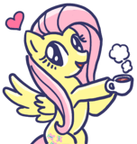 Size: 152x160 | Tagged: safe, edit, imported from derpibooru, fluttershy, pegasus, pony, coffee, doodle, female, heart, line sticker, mare, mug, no nose, official, open mouth, open smile, simple background, smiling, solo, steam, transparent background