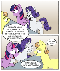 Size: 1600x1905 | Tagged: safe, artist:doodledonutart, imported from derpibooru, rarity, twilight sparkle, oc, unnamed oc, alicorn, earth pony, pony, unicorn, 2 panel comic, atg 2024, comic, female, horn, mare, newbie artist training grounds, speech bubble, text, twilight sparkle (alicorn)