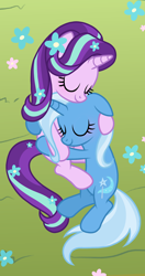 Size: 1220x2302 | Tagged: safe, artist:cstrawberrymilk, imported from derpibooru, starlight glimmer, trixie, pony, unicorn, cute, duo, duo female, eyes closed, female, flower, flower in hair, flower in tail, grass, horn, hug, lesbian, shipping, sleeping together, startrix, tail