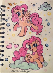 Size: 2652x3666 | Tagged: safe, artist:dariarchangel, imported from derpibooru, pinkie pie, pegasus, pony, cloud, female, folded wings, heart, mare, open mouth, pegasus pinkie pie, photo, race swap, sketch, smiling, solo, spread wings, traditional art, what could have been, wings