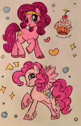 Size: 1320x2048 | Tagged: safe, artist:dariarchangel, imported from derpibooru, pinkie pie, earth pony, pegasus, alternate design, alternate hairstyle, cherry, cupcake, female, food, mare, pegasus pinkie pie, race swap, raised hoof, sketch, smiling, spread wings, traditional art, unshorn fetlocks, what could have been, wings