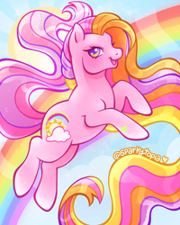 Size: 2160x2700 | Tagged: safe, artist:sparkytopia, imported from derpibooru, rainbow flash, earth pony, pony, female, g3, heart, heart eyes, looking at you, mare, multicolored hair, open mouth, open smile, pink coat, rainbow, rainbow eyes, rainbow flash (g3), rainbow hair, signature, smiling, solo, super long hair pony, wingding eyes