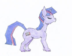 Size: 1603x1255 | Tagged: safe, artist:chronomyre, imported from derpibooru, twilight sparkle, pony, unicorn, alternate cutie mark, angular, atg 2024, colored pencil drawing, eyes closed, female, horn, mare, newbie artist training grounds, no mouth, shiny hooves, side view, simple background, solo, standing, traditional art, unicorn twilight, white background