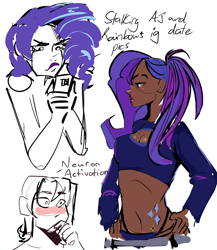 Size: 4000x4600 | Tagged: safe, artist:2hotskulls, imported from derpibooru, applejack, rarity, human, alternate hairstyle, belly button, blue underwear, blushing, boob window, cellphone, clothes, cutie mark on human, cutie mark tattoo, dark skin, female, humanized, implied appledash, implied lesbian, implied rainbow dash, implied shipping, lesbian, midriff, panties, pants, phone, rarijack, scar, shipping, shirt, simple background, smartphone, sweatpants, tattoo, underwear, white background