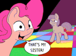 Size: 1600x1191 | Tagged: safe, alternate version, artist:doodledonutart, imported from derpibooru, maud pie, pinkie pie, earth pony, pony, animated, atg 2024, dance floor, dancing, dialogue, duo, duo female, female, gif, loop, mare, missing accessory, mood contrast, neutral, newbie artist training grounds, open mouth, open smile, party soft, pie sisters, siblings, sisters, smiling, speech bubble, spotlight, the club can't even handle me right now