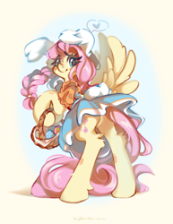 Size: 3232x4183 | Tagged: safe, artist:vanilla-chan, imported from derpibooru, fluttershy, pegasus, pony, abstract background, basket, bipedal, blushing, braid, bunny ears, butt, clothes, dress, easter, easter basket, easter egg, featureless crotch, female, fetlock tuft, high res, holiday, looking at you, looking back, looking back at you, mare, plot, rear view, rearing, solo, spread wings, wings