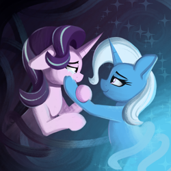 Size: 3000x3000 | Tagged: safe, artist:andelai, imported from derpibooru, starlight glimmer, trixie, pony, unicorn, comforting, crying, duo, duo female, female, hoof hold, horn, lesbian, looking at each other, looking at someone, mare, sad, shipping, startrix