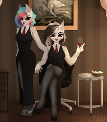 Size: 3116x3560 | Tagged: safe, artist:elektra-gertly, artist:twine, imported from derpibooru, oc, oc:pomadka, anthro, pegasus, alcohol, chair, clothes, dress, duo, duo female, eyeshadow, female, food, glass, high heels, lidded eyes, lipstick, makeup, necktie, office, office chair, pantyhose, shoes, tights, wine, wine glass