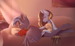 Size: 2560x1587 | Tagged: safe, artist:azemifoster, imported from derpibooru, oc, oc:gioconda, oc:pixi feather, anthro, pegasus, unguligrade anthro, clothes, couch, duo, duo female, female, hooves, house, looking back, massage, pegasus oc, pillow, smiling, wings