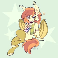 Size: 1772x1772 | Tagged: safe, artist:trickate, imported from derpibooru, oc, oc only, anthro, bat pony, unguligrade anthro, bat wings, clothes, commission, drink, drinking, drinking straw, hoofless socks, human shoulders, sitting, smoothie, socks, solo, underhoof, wings