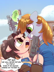 Size: 3000x4000 | Tagged: safe, artist:redvais, imported from derpibooru, oc, oc only, oc:littlepip, earth pony, pegasus, pony, unicorn, fallout equestria, 10mm pistol, angry, clothes, crossover, fallout, fallout (show), female, glowing, glowing horn, gun, handgun, horn, implied fisto, jumpsuit, little macintosh, looking at each other, looking at someone, lucy maclean, magic, mare, pistol, ponified, revolver, vault suit, weapon