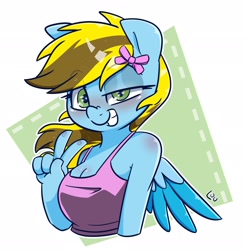 Size: 2009x2048 | Tagged: safe, artist:lou, imported from derpibooru, oc, oc only, oc:lucky bolt, anthro, pegasus, bow, clothes, commission, female, hair bow, looking at you, peace sign, smiling, smiling at you, solo, tanktop, ych result