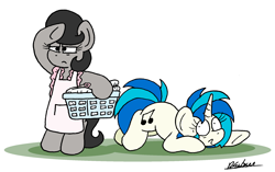 Size: 2114x1330 | Tagged: safe, artist:bobthedalek, imported from derpibooru, dj pon-3, vinyl scratch, oc, oc:mixed melody, oc:octavia's mother, earth pony, pony, unicorn, apron, atg 2024, basket, bipedal, clothes, crawling, duo, duo female, female, horn, laundry, mare, newbie artist training grounds, safety pin, scared, searching, simple background, sneaking, this will end in intensive mothering, white background