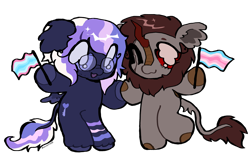 Size: 3275x2147 | Tagged: safe, artist:larvaecandy, imported from derpibooru, oc, oc only, oc:fluff fablewing, oc:partisan hush, kirin, pegasus, pony, commission, duo, eye scar, facial hair, facial scar, female, glasses, holding hooves, kirin oc, nonbinary, pegasus oc, pride, pride month, pride ponies, scar, simple background, t4t, trans female, transfeminine, transfeminine pride flag, transgender, transmasculine, transmasculine pride flag, transparent background, wings, ych result