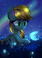 Size: 2800x3840 | Tagged: safe, artist:opal_radiance, imported from derpibooru, oc, oc only, oc:lucky bolt, butterfly, pegasus, pony, bow, commission, hair bow, night, night sky, not derpy, sky, solo, starry eyes, stars, wingding eyes, ych result