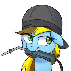 Size: 1344x1340 | Tagged: safe, artist:handgunboi, imported from derpibooru, oc, oc only, oc:lucky bolt, pegasus, pony, headshot commission, simple background, solo, welding, welding cap, welding gun, white background