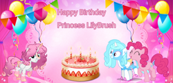 Size: 2000x964 | Tagged: safe, artist:lizzmcclin, imported from derpibooru, pinkie pie, oc, oc:jemimasparkle, oc:princess lilybrush, alicorn, earth pony, balloon, birthday cake, cake, female, food, happy birthday, trio, trio female