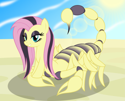 Size: 3037x2459 | Tagged: safe, artist:badumsquish, derpibooru exclusive, imported from derpibooru, fluttershy, hybrid, monster pony, original species, scorpion, scorpion pony, deathstalker, desert, eyeliner, female, fluttergoth, girtablilu, grin, high res, lens flare, looking at you, makeup, mare, raised tail, sand, sharp teeth, show accurate, sky, smiling, smirk, solo, species swap, sun, tail, teeth