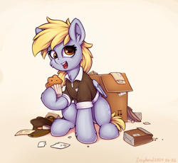 Size: 900x827 | Tagged: safe, artist:zeepheru_pone, imported from derpibooru, derpy hooves, pegasus, pony, atg 2024, box, clothes, cute, derpabetes, ear fluff, female, food, happy, mail, mailmare, mailmare uniform, mare, muffin, newbie artist training grounds, open mouth, open smile, package, shirt, smiling, solo