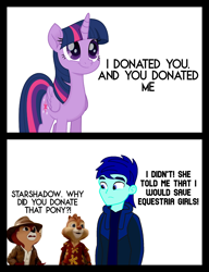 Size: 1080x1404 | Tagged: safe, artist:robertsonskywa1, imported from derpibooru, twilight sparkle, oc, oc:starshadow skystalker, equestria girls, my little pony: the movie, chip and dale rescue rangers, delusional, donation, meme, mental illness, photo, save equestria girls, simple background, smiling, spider-man: across the spider-verse, text, white background