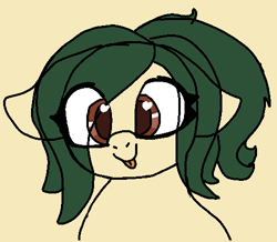 Size: 500x435 | Tagged: safe, artist:allhallowsboon, imported from derpibooru, oc, oc only, oc:myrtle remedy, earth pony, pony, :p, earth pony oc, eyes over hair, female, floppy ears, green mane, mare, ponytail, red eyes, simple background, solo, tongue out, wingding eyes, yellow coat