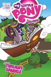 Size: 659x1000 | Tagged: safe, artist:thom zahler, idw, imported from derpibooru, spike, twilight sparkle, dragon, pony, unicorn, my little pony micro-series, book, building, cloud, comic, comic cover, cover, cover art, duo, duo male and female, female, fence, horn, male, mare, micro-series #1, my little pony logo, official, official comic, outdoors, tail, tree, unicorn twilight, variant cover