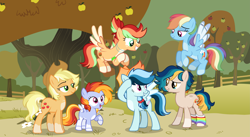 Size: 6041x3307 | Tagged: safe, artist:sapphiretwinkle, imported from derpibooru, applejack, rainbow dash, oc, oc:quickseed, oc:sugar rush, oc:sweet tango, oc:wildfire, earth pony, pegasus, pony, apple, apple tree, arm band, blaze (coat marking), clothes, coat markings, colored wings, colored wingtips, earth pony oc, facial markings, female, fence, filly, flying, foal, food, freckles, grin, jewelry, leg freckles, leg warmers, lidded eyes, magical lesbian spawn, male, mare, multicolored eyes, necklace, offspring, pale belly, parent:applejack, parent:rainbow dash, parents:appledash, pegasus oc, pigtails, ponytail, raised hoof, short hair, short hair applejack, smiling, socks (coat markings), spread wings, stallion, standing, tree, wings