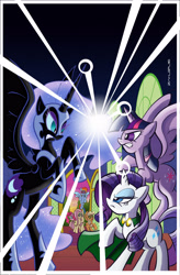 Size: 2500x3818 | Tagged: safe, artist:thom zahler, idw, imported from derpibooru, applejack, fluttershy, nightmare moon, pinkie pie, rainbow dash, rarity, twilight sparkle, alicorn, earth pony, pegasus, pony, unicorn, spoiler:comic, spoiler:comic45, 2016, angry, armor, beam struggle, blast, cape, clothes, comic cover, cover, cover art, female, flying, frown, height difference, helmet, high res, hoof shoes, horn, long legs, magic, magic beam, magic blast, mane six, mare, my little pony logo, open mouth, peytral, princess shoes, raised hoof, rearing, septet, signature, spread wings, tail, tall, teeth, textless version, twilight sparkle (alicorn), variant cover, wings