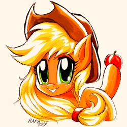 Size: 2469x2457 | Tagged: safe, imported from derpibooru, applejack, earth pony, pony, apple, blonde, blonde mane, female, food, hat, solo