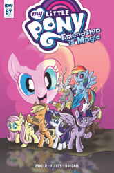 Size: 2063x3131 | Tagged: safe, artist:thom zahler, idw, imported from derpibooru, applejack, discord, fluttershy, pinkie pie, rainbow dash, rarity, twilight sparkle, alicorn, earth pony, pegasus, pony, unicorn, spoiler:comic, spoiler:comic57, 2017, comic cover, cover, cover art, female, horn, mane six, mare, my little pony logo, official comic, salvador dalí, signature, spread wings, the persistence of memory, this will end in death, this will end in tears, this will end in tears and/or death, twilight sparkle (alicorn), variant cover, wings, xk-class end-of-the-world scenario