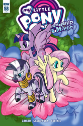 Size: 2063x3131 | Tagged: safe, artist:thom zahler, idw, imported from derpibooru, fluttershy, twilight sparkle, zecora, alicorn, pegasus, pony, zebra, spoiler:comic58, 2017, comic cover, cover, cover art, ear piercing, earring, female, flower, jewelry, mare, my little pony logo, neck rings, official comic, piercing, raised hoof, signature, smiling, spread wings, tail, trio, trio female, twilight sparkle (alicorn), variant cover, wings