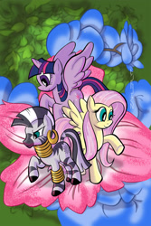 Size: 1137x1700 | Tagged: safe, alternate version, artist:thom zahler, idw, imported from derpibooru, fluttershy, twilight sparkle, zecora, alicorn, pegasus, pony, zebra, spoiler:comic58, 2017, comic cover, cover, cover art, ear piercing, earring, female, flower, jewelry, mare, neck rings, piercing, raised hoof, signature, smiling, spread wings, tail, textless, textless version, trio, trio female, twilight sparkle (alicorn), variant cover, wings