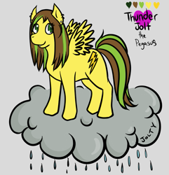 Size: 751x780 | Tagged: safe, artist:jolty, imported from derpibooru, oc, oc only, oc:thunderjolt, pegasus, cloud, gray background, on a cloud, simple background, solo, standing on a cloud, yellow pony