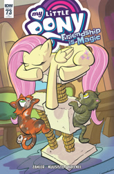 Size: 2063x3131 | Tagged: safe, artist:thom zahler, idw, imported from derpibooru, fluttershy, cat, pegasus, pony, spoiler:comic, spoiler:comic73, behaving like a cat, cat tree, comic cover, cover, cover art, eyes closed, fluttershy's cottage, folded wings, indoors, lying down, my little pony logo, official comic, prone, tail, underhoof, variant cover, wings