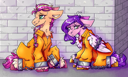 Size: 3000x1800 | Tagged: safe, artist:heart-sketch, artist:heartsketch1, imported from derpibooru, pipp petals, sunny starscout, earth pony, pegasus, pony, bound wings, brick wall, chained, chains, clothes, commissioner:rainbowdash69, cuffed, cuffs, female, g5, jail, mare, never doubt rainbowdash69's involvement, prison, prison outfit, prisoner, prisoner pipp, prisoner ss, shackles, tail, wings