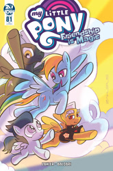 Size: 2063x3131 | Tagged: safe, artist:thom zahler, idw, imported from derpibooru, dauntless, rainbow dash, rumble, thunderlane, pegasus, pony, spoiler:comic, spoiler:comic81, 2019, backwards cutie mark, clothes, colt, comic cover, cover, cover art, female, flying, foal, male, mare, my little pony logo, official comic, open mouth, open smile, signature, smiling, spread wings, stallion, tail, variant cover, wings