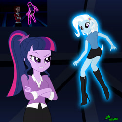 Size: 1920x1920 | Tagged: safe, artist:gibsterboy5, imported from derpibooru, sci-twi, trixie, twilight sparkle, human, equestria girls, background, ben 10, ben 10 ultimate alien, boots, clothes, duo, glowing, gwen tennyson, high heel boots, levitation, looking at each other, looking at someone, looking down, magic, missing accessory, no glasses, reference used, shirt, shoes, signature, skirt, sunny tennyson, telekinesis