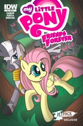 Size: 2063x3131 | Tagged: safe, artist:thom zahler, idw, imported from derpibooru, fluttershy, zecora, pegasus, pony, zebra, comic, comic cover, cover, cover art, duo focus, ear piercing, earring, female, folded wings, friends forever #5, glowing, glowing eyes, jewelry, looking back, mare, my little pony logo, my little pony: friends forever, neck rings, open mouth, piercing, red eyes, red eyes take warning, running, tail, variant cover, watermark, wings