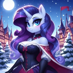 Size: 1024x1024 | Tagged: safe, imported from derpibooru, rarity, anthro, ai content, ai generated, blushing, bow, cape, choker, clothes, corset, dress, flag, fur, generator:dall-e 3, gloves, moon, night, pine tree, prompter:glimmy-glam, skirt, snow, solo, tree, village, winter