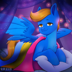 Size: 2000x2000 | Tagged: safe, alternate version, artist:erein, imported from derpibooru, oc, oc only, oc:rio tunehoof, pegasus, pony, alternate character, bedroom, blue fur, chest fluff, commission, ears up, flag, garland, high res, indoors, lgbt, looking at you, male, night, pansexual, pansexual pride flag, pillow, pride, pride flag, pride month, room, smiling, smiling at you, solo, spread wings, stallion, string lights, tail, wings, ych result