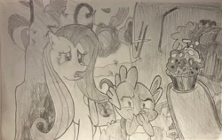 Size: 3894x2458 | Tagged: safe, imported from derpibooru, fluttershy, pinkie pie, spike, dragon, earth pony, pegasus, atg 2024, baby, baby dragon, bag, covering mouth, cupcake, food, gasp, gross, grossed out, irl, monochrome, mountain, mountain range, newbie artist training grounds, offscreen character, pencil drawing, photo, picture, raised hoof, saddle bag, traditional art, trio