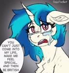 Size: 1302x1378 | Tagged: safe, artist:reddthebat, imported from derpibooru, dj pon-3, vinyl scratch, pony, unicorn, blush lines, blushing, british, bust, chest fluff, crying, dialogue, eyebrows, eyebrows visible through hair, eyelashes, female, floppy ears, fluffy, gradient background, horn, implied octavia melody, looking at you, mare, meme, open mouth, sad, signature, solo, speech bubble, text