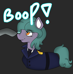 Size: 1096x1110 | Tagged: safe, artist:wh189, imported from derpibooru, oc, oc only, oc:clam chowder, earth pony, equestria at war mod, admiral, boop, clothes, cute, disembodied hoof, gradient background, smiling, solo, uniform