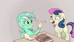 Size: 3840x2160 | Tagged: safe, artist:nedemai, imported from derpibooru, bon bon, lyra heartstrings, sweetie drops, earth pony, pony, unicorn, 4k, atg 2024, bon bon is not amused, book, disgusted, duo, duo female, feet, female, floppy ears, frown, grin, hand, high res, horn, human feet, l.u.l.s., newbie artist training grounds, nose wrinkle, open mouth, partial transformation, smiling, that pony sure does love hands, unamused, waving, what has magic done