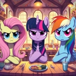 Size: 1024x1024 | Tagged: safe, imported from derpibooru, fluttershy, rainbow dash, twilight sparkle, pegasus, unicorn, ai content, ai generated, angry, crossed arms, diner, female, fluttershy is not amused, generator:dall-e 3, glare, horn, mare, not impressed, rainbow dash is not amused, stare, trio, trio female, twilight sparkle is not amused, uh oh, unamused