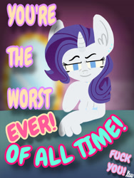 Size: 2160x2880 | Tagged: safe, artist:kenn, imported from derpibooru, rarity, anthro, cute, funny, insult, poster, smug, solo, text, vulgar